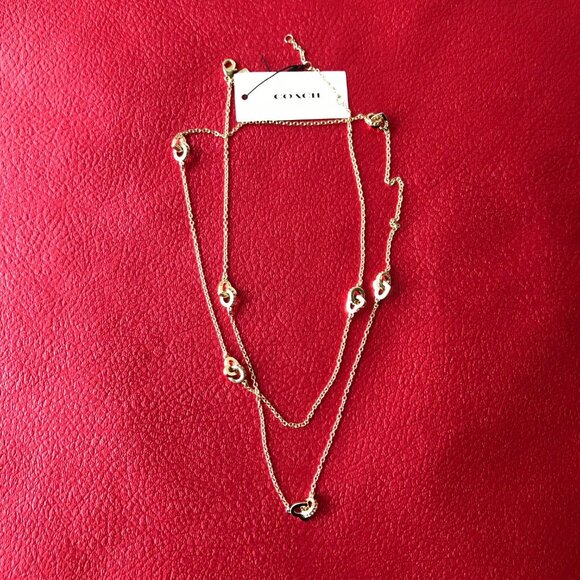 COACH HEART  SIGNATURE LONG STATION NECKLACE IN GOLD TONE 34" and Storag Bag - Picture 5 of 13